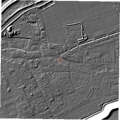 Shaded relief map of the ground around DN75BQ, computed from Environment Agency LiDAR. The ground here sits at about 4 m above sea level and falls 17 m across the surrounding 800 m. Surface water reaching this point runs off ground lying to the north-north-west, 1.8 m higher.