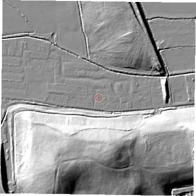 Shaded relief map of the ground around DN75BS, computed from Environment Agency LiDAR. The ground here sits at about 3 m above sea level and falls 39 m across the surrounding 800 m. Surface water reaching this point runs off ground lying to the west, 1.1 m higher.