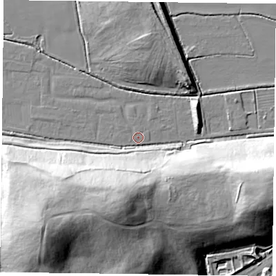Shaded relief map of the ground around DN75BT, computed from Environment Agency LiDAR. The ground here sits at about 3 m above sea level and falls 39 m across the surrounding 800 m. Surface water reaching this point runs off ground lying to the west-north-west, 1.1 m higher.