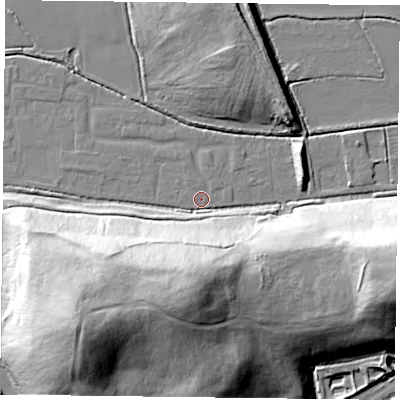 Shaded relief map of the ground around DN75BU, computed from Environment Agency LiDAR. The ground here sits at about 3 m above sea level and falls 39 m across the surrounding 800 m. Surface water reaching this point runs off ground lying to the west-north-west, 1.1 m higher.