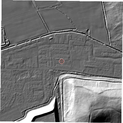 Shaded relief map of the ground around DN75BW, computed from Environment Agency LiDAR. The ground here sits at about 4 m above sea level and falls 39 m across the surrounding 800 m. Surface water reaching this point runs off ground lying to the north-north-west, 0.5 m higher.