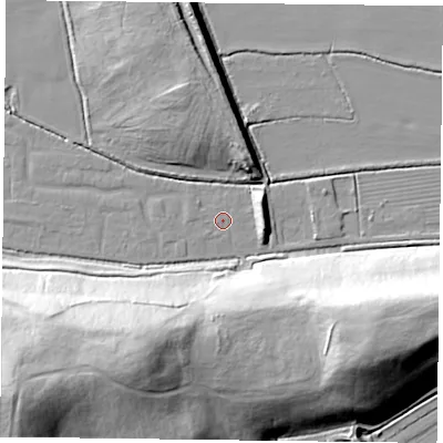 Shaded relief map of the ground around DN75BX, computed from Environment Agency LiDAR. The ground here sits at about 3 m above sea level and falls 39 m across the surrounding 800 m. Surface water reaching this point runs off ground lying to the south-west, 38.4 m higher.