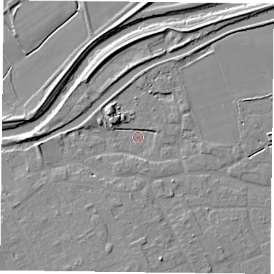 Shaded relief map of the ground around DN75BY, computed from Environment Agency LiDAR. The ground here sits at about 4 m above sea level and falls 8 m across the surrounding 800 m. Surface water reaching this point runs off ground lying to the west, 5.7 m higher.