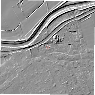 Shaded relief map of the ground around DN75BZ, computed from Environment Agency LiDAR. The ground here sits at about 4 m above sea level and falls 8 m across the surrounding 800 m. Surface water reaching this point runs off ground lying to the west, 5.7 m higher.