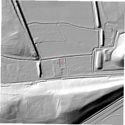Shaded relief map of the ground around DN75DA, computed from Environment Agency LiDAR. The ground here sits at about 3 m above sea level and falls 38 m across the surrounding 800 m. Surface water reaching this point runs off ground lying to the west, 2.4 m higher.