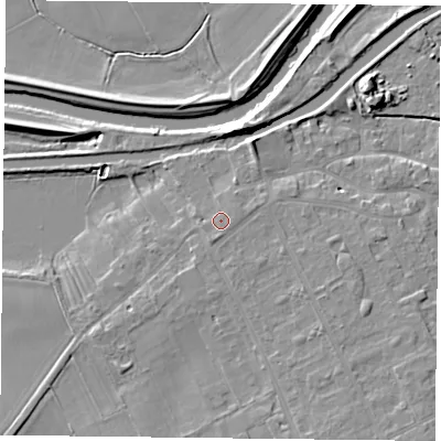 Shaded relief map of the ground around DN75DD, computed from Environment Agency LiDAR. The ground here sits at about 7 m above sea level and falls 7 m across the surrounding 800 m. Surface water reaching this point runs off ground lying to the east-north-east, 0.8 m higher.