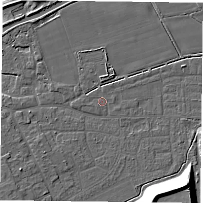 Shaded relief map of the ground around DN75DE, computed from Environment Agency LiDAR. The ground here sits at about 4 m above sea level and falls 18 m across the surrounding 800 m. Surface water reaching this point runs off ground lying to the west, 0.8 m higher.