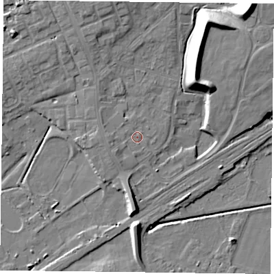 Shaded relief map of the ground around DN75DF, computed from Environment Agency LiDAR. The ground here sits at about 5 m above sea level and falls 15 m across the surrounding 800 m. Surface water reaching this point runs off ground lying to the west, 1.7 m higher.