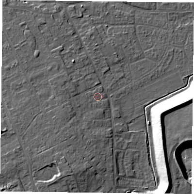 Shaded relief map of the ground around DN75DP, computed from Environment Agency LiDAR. The ground here sits at about 6 m above sea level and falls 16 m across the surrounding 800 m. Surface water reaching this point runs off ground lying to the west-south-west, 3.1 m higher.