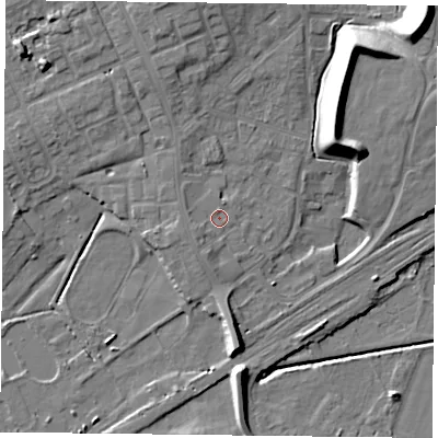 Shaded relief map of the ground around DN75DX, computed from Environment Agency LiDAR. The ground here sits at about 5 m above sea level and falls 15 m across the surrounding 800 m. Surface water reaching this point runs off ground lying to the west-south-west, 1.4 m higher.
