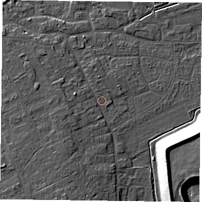 Shaded relief map of the ground around DN75DY, computed from Environment Agency LiDAR. The ground here sits at about 5 m above sea level and falls 16 m across the surrounding 800 m. Surface water reaching this point runs off ground lying to the west-south-west, 3.2 m higher.