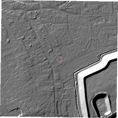 Shaded relief map of the ground around DN75DZ, computed from Environment Agency LiDAR. The ground here sits at about 4 m above sea level and falls 17 m across the surrounding 800 m. Surface water reaching this point runs off ground lying to the south-west, 1.0 m higher.