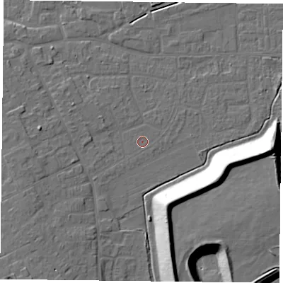 Shaded relief map of the ground around DN75EA, computed from Environment Agency LiDAR. The ground here sits at about 4 m above sea level and falls 18 m across the surrounding 800 m. Surface water reaching this point runs off ground lying to the west-south-west, 4.1 m higher.