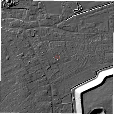Shaded relief map of the ground around DN75EB, computed from Environment Agency LiDAR. The ground here sits at about 5 m above sea level and falls 17 m across the surrounding 800 m. Surface water reaching this point runs off ground lying to the west, 1.1 m higher.