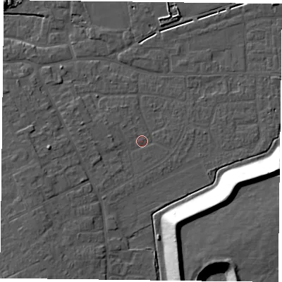 Shaded relief map of the ground around DN75ED, computed from Environment Agency LiDAR. The ground here sits at about 5 m above sea level and falls 18 m across the surrounding 800 m. Surface water reaching this point runs off ground lying to the west-north-west, 1.2 m higher.