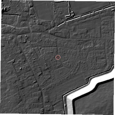Shaded relief map of the ground around DN75EE, computed from Environment Agency LiDAR. The ground here sits at about 4 m above sea level and falls 18 m across the surrounding 800 m. Surface water reaching this point runs off ground lying to the west, 1.4 m higher.
