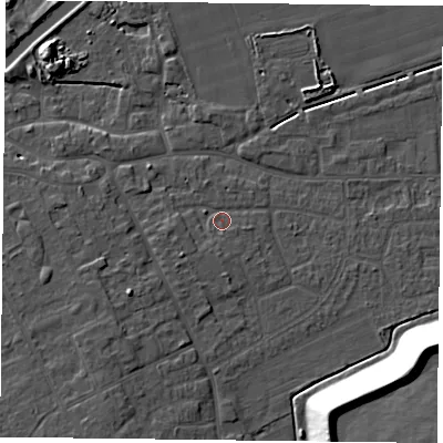 Shaded relief map of the ground around DN75EF, computed from Environment Agency LiDAR. The ground here sits at about 5 m above sea level and falls 17 m across the surrounding 800 m. Surface water reaching this point runs off ground lying to the south-west, 4.3 m higher.