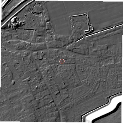 Shaded relief map of the ground around DN75EG, computed from Environment Agency LiDAR. The ground here sits at about 5 m above sea level and falls 17 m across the surrounding 800 m. Surface water reaching this point runs off ground lying to the south-south-west, 4.2 m higher.
