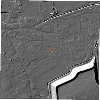 Shaded relief map of the ground around DN75EH, computed from Environment Agency LiDAR. The ground here sits at about 4 m above sea level and falls 18 m across the surrounding 800 m. Surface water reaching this point runs off ground lying to the west, 1.6 m higher.
