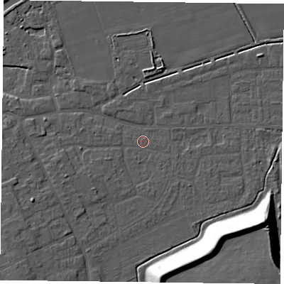 Shaded relief map of the ground around DN75EJ, computed from Environment Agency LiDAR. The ground here sits at about 4 m above sea level and falls 18 m across the surrounding 800 m. Surface water reaching this point runs off ground lying to the west-south-west, 4.1 m higher.