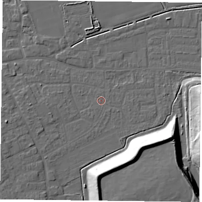 Shaded relief map of the ground around DN75EL, computed from Environment Agency LiDAR. The ground here sits at about 4 m above sea level and falls 18 m across the surrounding 800 m. The ground contributing surface water to this point lies to the south.