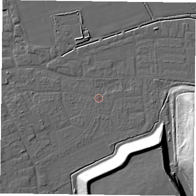 Shaded relief map of the ground around DN75EN, computed from Environment Agency LiDAR. The ground here sits at about 4 m above sea level and falls 24 m across the surrounding 800 m. Surface water reaching this point runs off ground lying to the west, 2.2 m higher.