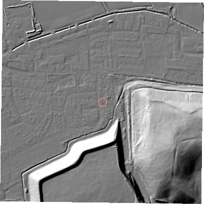 Shaded relief map of the ground around DN75EP, computed from Environment Agency LiDAR. The ground here sits at about 4 m above sea level and falls 39 m across the surrounding 800 m. Surface water reaching this point runs off ground lying to the south-south-west, 1.0 m higher.