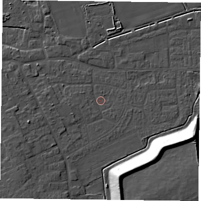 Shaded relief map of the ground around DN75EQ, computed from Environment Agency LiDAR. The ground here sits at about 4 m above sea level and falls 18 m across the surrounding 800 m. Surface water reaching this point runs off ground lying to the west, 1.4 m higher.