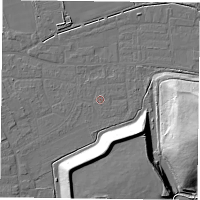 Shaded relief map of the ground around DN75ER, computed from Environment Agency LiDAR. The ground here sits at about 4 m above sea level and falls 37 m across the surrounding 800 m. Surface water reaching this point runs off ground lying to the north-east, 0.6 m higher.