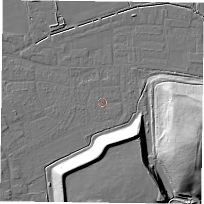 Shaded relief map of the ground around DN75ES, computed from Environment Agency LiDAR. The ground here sits at about 4 m above sea level and falls 39 m across the surrounding 800 m. Surface water reaching this point runs off ground lying to the west-north-west, 0.6 m higher.
