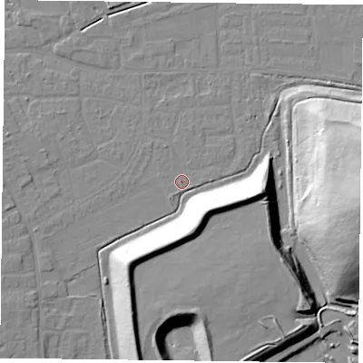 Shaded relief map of the ground around DN75ET, computed from Environment Agency LiDAR. The ground here sits at about 4 m above sea level and falls 36 m across the surrounding 800 m. Surface water reaching this point runs off ground lying to the east, 34.9 m higher.