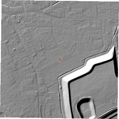 Shaded relief map of the ground around DN75EU, computed from Environment Agency LiDAR. The ground here sits at about 4 m above sea level and falls 17 m across the surrounding 800 m. Surface water reaching this point runs off ground lying to the west-south-west, 4.2 m higher.