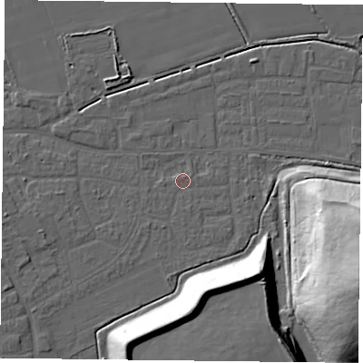 Shaded relief map of the ground around DN75EW, computed from Environment Agency LiDAR. The ground here sits at about 4 m above sea level and falls 37 m across the surrounding 800 m. Surface water reaching this point runs off ground lying to the south, 0.9 m higher.