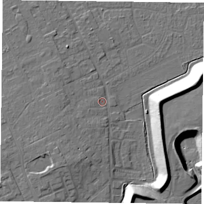 Shaded relief map of the ground around DN75EX, computed from Environment Agency LiDAR. The ground here sits at about 5 m above sea level and falls 17 m across the surrounding 800 m. Surface water reaching this point runs off ground lying to the west-south-west, 3.9 m higher.