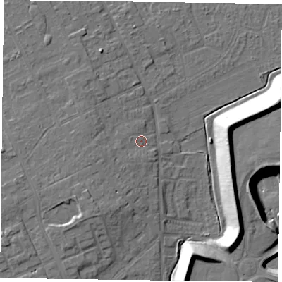 Shaded relief map of the ground around DN75EY, computed from Environment Agency LiDAR. The ground here sits at about 6 m above sea level and falls 16 m across the surrounding 800 m. Surface water reaching this point runs off ground lying to the west-south-west, 2.4 m higher.