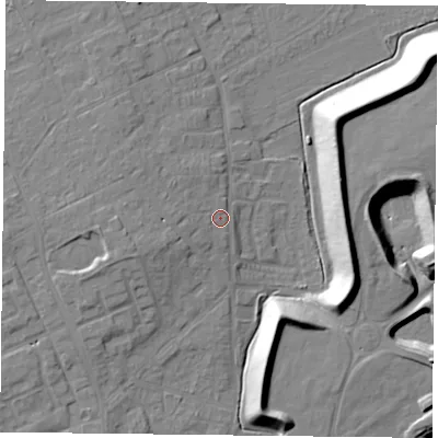 Shaded relief map of the ground around DN75EZ, computed from Environment Agency LiDAR. The ground here sits at about 6 m above sea level and falls 17 m across the surrounding 800 m. Surface water reaching this point runs off ground lying to the west-north-west, 3.0 m higher.