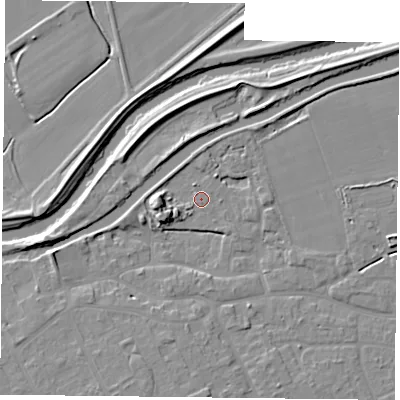 Shaded relief map of the ground around DN75FG, computed from Environment Agency LiDAR. The ground here sits at about 4 m above sea level and falls 8 m across the surrounding 800 m. Surface water reaching this point runs off ground lying to the west, 6.6 m higher.