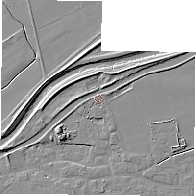 Shaded relief map of the ground around DN75FH, computed from Environment Agency LiDAR. The ground here sits at about 5 m above sea level and falls 8 m across the surrounding 800 m. Surface water reaching this point runs off ground lying to the west-south-west, 4.4 m higher.
