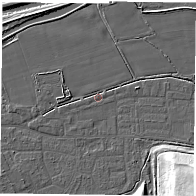 Shaded relief map of the ground around DN75GA, computed from Environment Agency LiDAR. The ground here sits at about 4 m above sea level and falls 34 m across the surrounding 800 m. Surface water reaching this point runs off ground lying to the west-south-west, 0.9 m higher.