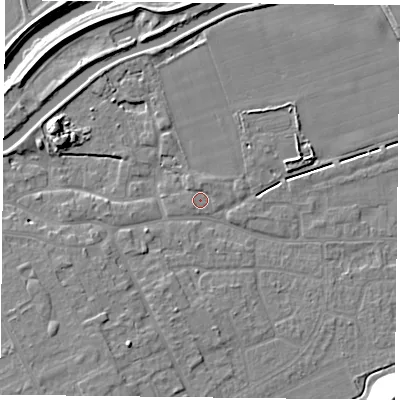 Shaded relief map of the ground around DN75GB, computed from Environment Agency LiDAR. The ground here sits at about 4 m above sea level and falls 17 m across the surrounding 800 m. Surface water reaching this point runs off ground lying to the north, 1.1 m higher.