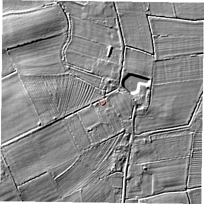 Shaded relief map of the ground around DN75GH, computed from Environment Agency LiDAR. The ground here sits at about 5 m above sea level and falls 5 m across the surrounding 800 m. Surface water reaching this point runs off ground lying to the south, 2.1 m higher.