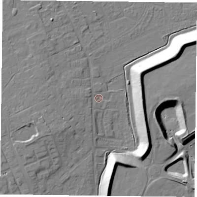 Shaded relief map of the ground around DN75HA, computed from Environment Agency LiDAR. The ground here sits at about 4 m above sea level and falls 17 m across the surrounding 800 m. Surface water reaching this point runs off ground lying to the west, 4.1 m higher.