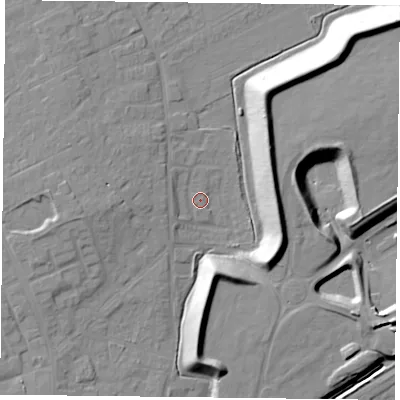 Shaded relief map of the ground around DN75HB, computed from Environment Agency LiDAR. The ground here sits at about 4 m above sea level and falls 18 m across the surrounding 800 m. Surface water reaching this point runs off ground lying to the west, 7.1 m higher.