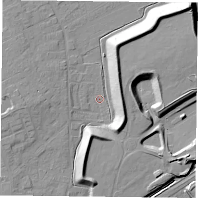 Shaded relief map of the ground around DN75HD, computed from Environment Agency LiDAR. The ground here sits at about 3 m above sea level and falls 18 m across the surrounding 800 m. Surface water reaching this point runs off ground lying to the west, 7.1 m higher.