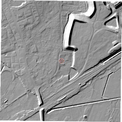 Shaded relief map of the ground around DN75HF, computed from Environment Agency LiDAR. The ground here sits at about 4 m above sea level and falls 16 m across the surrounding 800 m. Surface water reaching this point runs off ground lying to the north-north-east, 12.4 m higher.