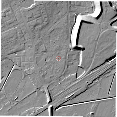 Shaded relief map of the ground around DN75HH, computed from Environment Agency LiDAR. The ground here sits at about 4 m above sea level and falls 16 m across the surrounding 800 m. Surface water reaching this point runs off ground lying to the west-north-west, 2.2 m higher.