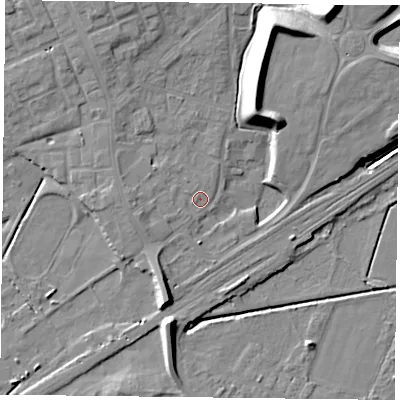 Shaded relief map of the ground around DN75HJ, computed from Environment Agency LiDAR. The ground here sits at about 4 m above sea level and falls 14 m across the surrounding 800 m. Surface water reaching this point runs off ground lying to the west, 2.3 m higher.