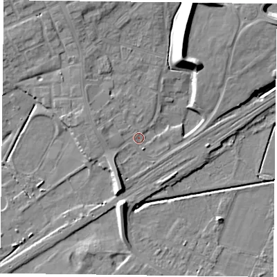 Shaded relief map of the ground around DN75HL, computed from Environment Agency LiDAR. The ground here sits at about 4 m above sea level and falls 13 m across the surrounding 800 m. Surface water reaching this point runs off ground lying to the north-east, 8.7 m higher.