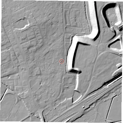 Shaded relief map of the ground around DN75HQ, computed from Environment Agency LiDAR. The ground here sits at about 4 m above sea level and falls 16 m across the surrounding 800 m. Surface water reaching this point runs off ground lying to the north-north-west, 1.1 m higher.