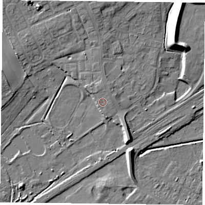 Shaded relief map of the ground around DN75HR, computed from Environment Agency LiDAR. The ground here sits at about 5 m above sea level and falls 13 m across the surrounding 800 m. Surface water reaching this point runs off ground lying to the north, 0.6 m higher.